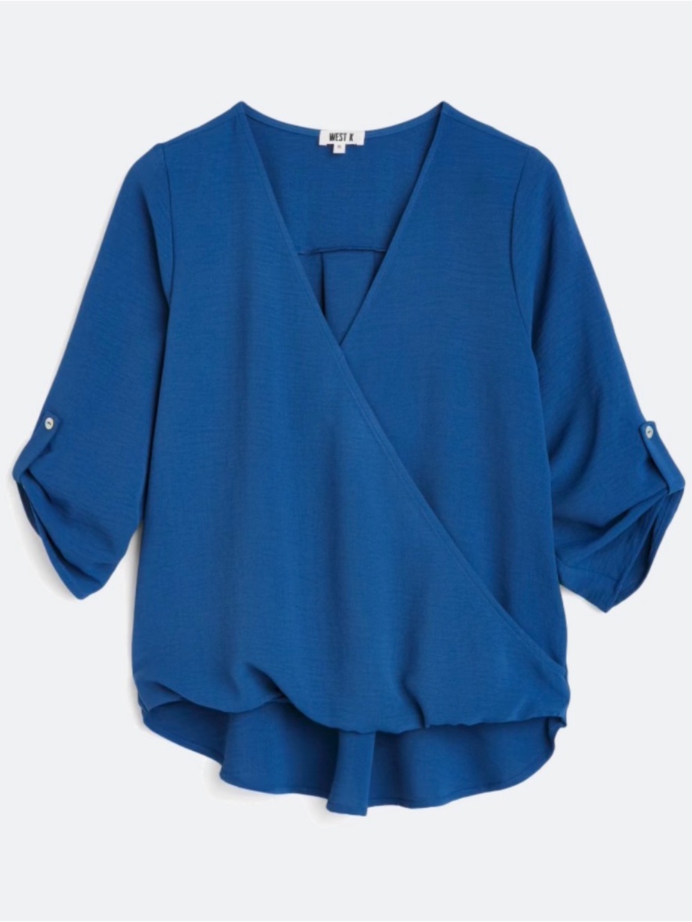 New Beacon Allan Blue Surplice Roll-Tab high low V-Neck Blouse
